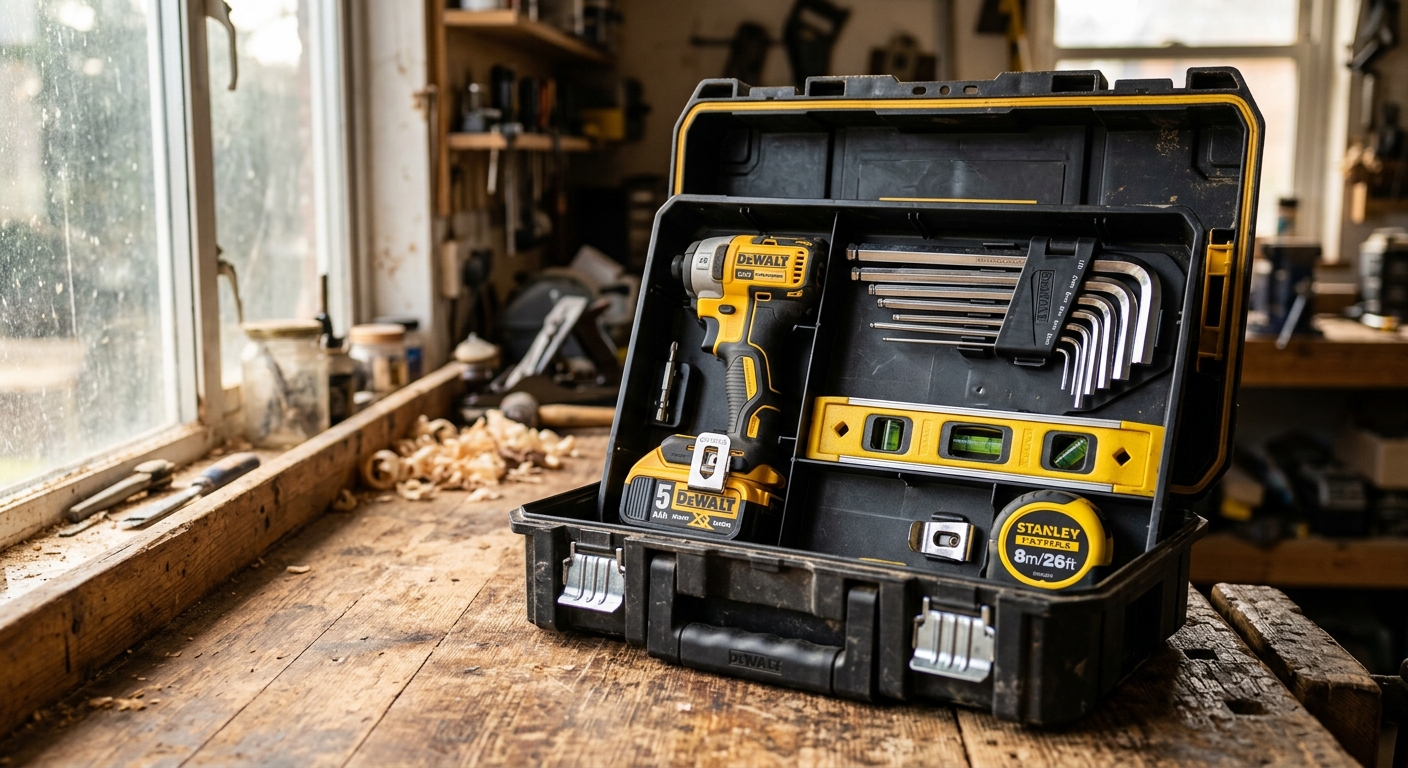 ארגז כלי עבודה פתוח המכיל מברגת דיוולט (DeWalt), מפתחות אלן, פלס וסרט מידה של סטנלי (Stanley) על שולחן עץ בסדנה